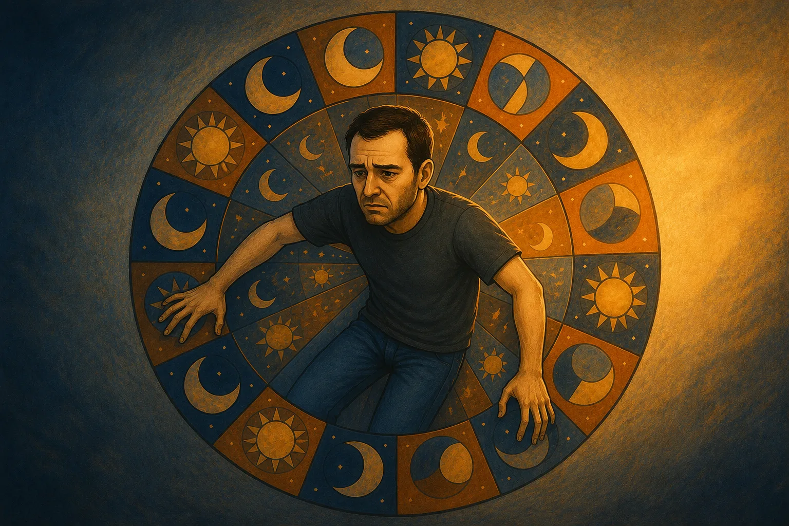 Illustration of a man trapped inside a carnival-style spinning wheel symbolizing the cycles of bipolar disorder