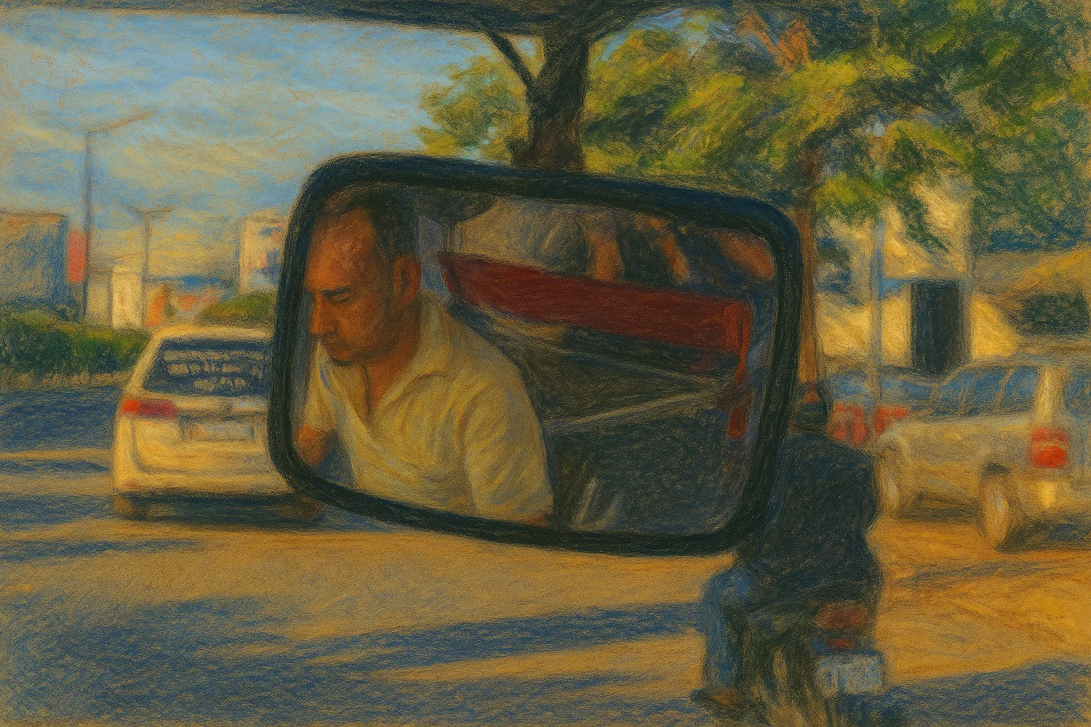 Edited illustration based on a photo of a tuk-tuk driver in his rear-view mirror