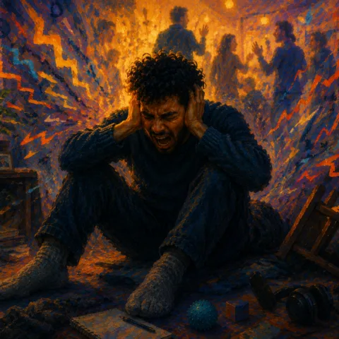 Homme assis en plein meltdown, hurlant