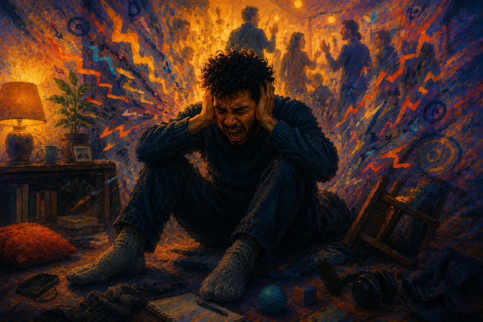 Homme assis en plein meltdown, hurlant