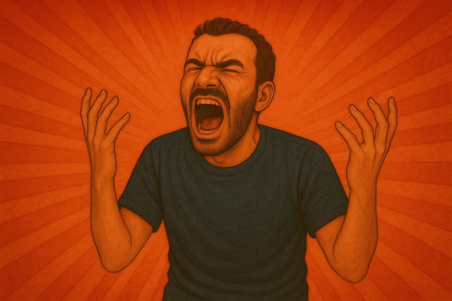 Illustration of a man on a red background. He is yelling, as if alarmed — he is in meltdown.
