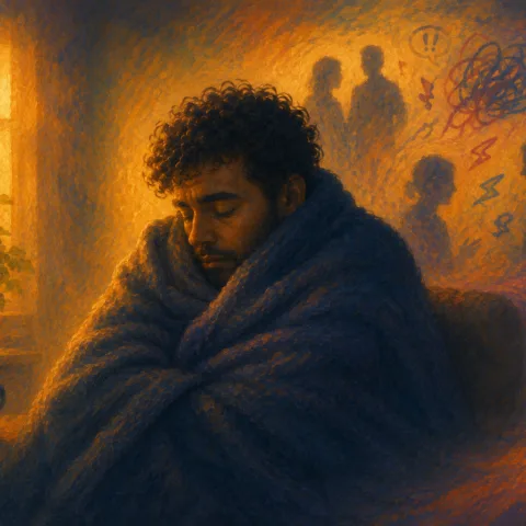 Illustration d'un homme sous une couverture dans l'obscurité