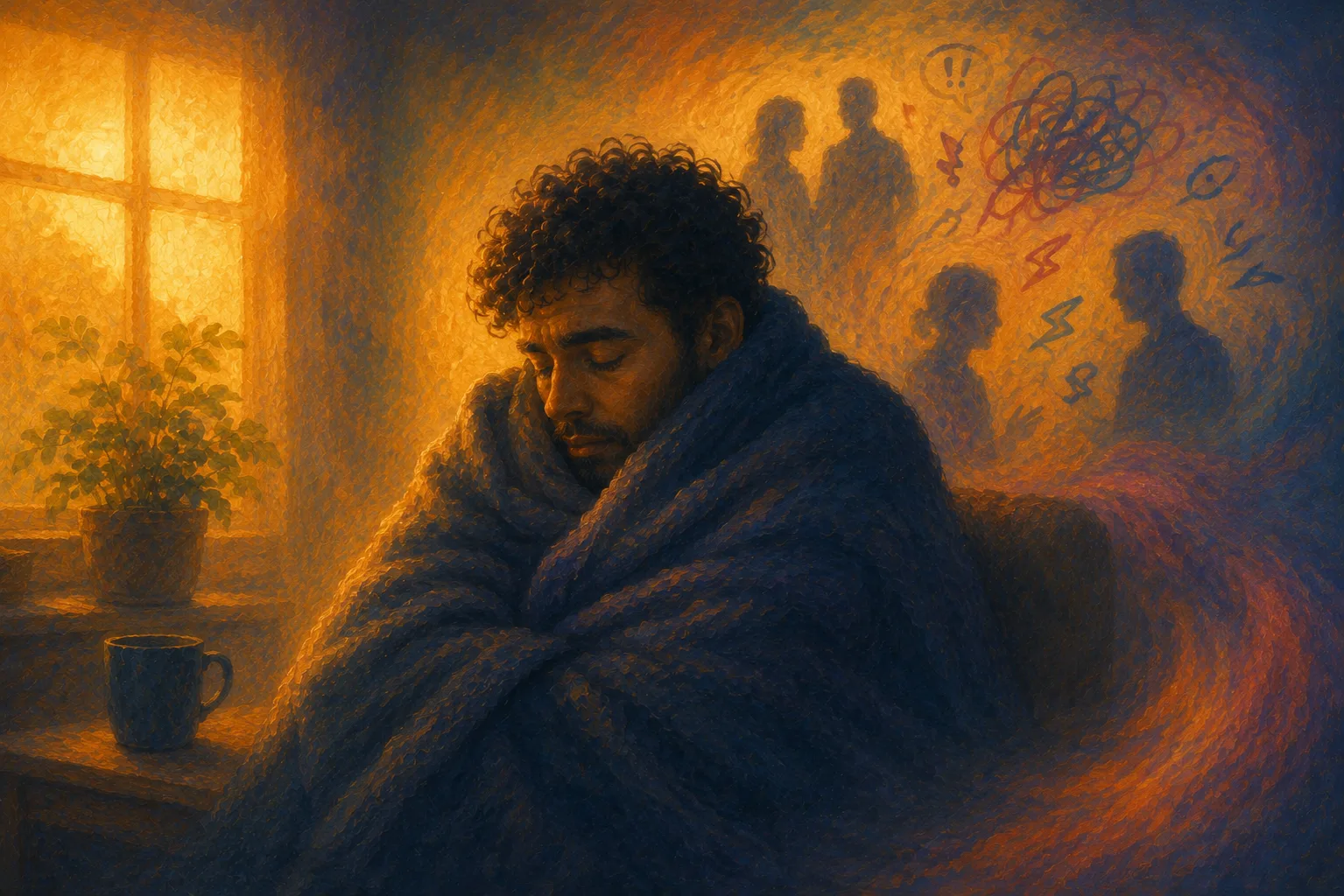 Illustration d'un homme sous une couverture dans l'obscurité