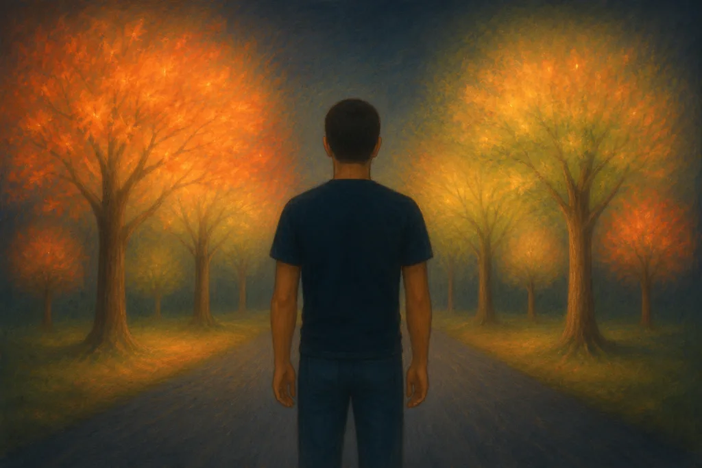 A man seen from behind, standing in the middle of a road, facing brightly colored trees that seem to be sending him signs