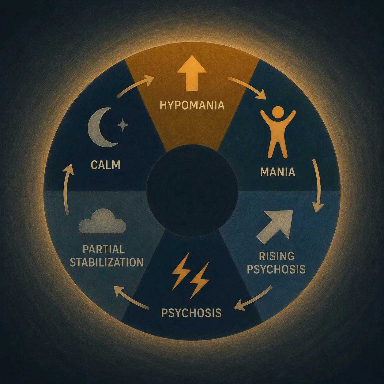 Hypomania → Mania → Psychosis → Stabilisation (temporary) → Hypomania