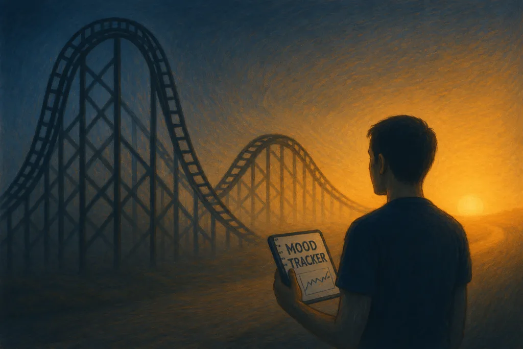 A roller coaster symbolizing bipolar mood cycles behind a man holding a mood journal