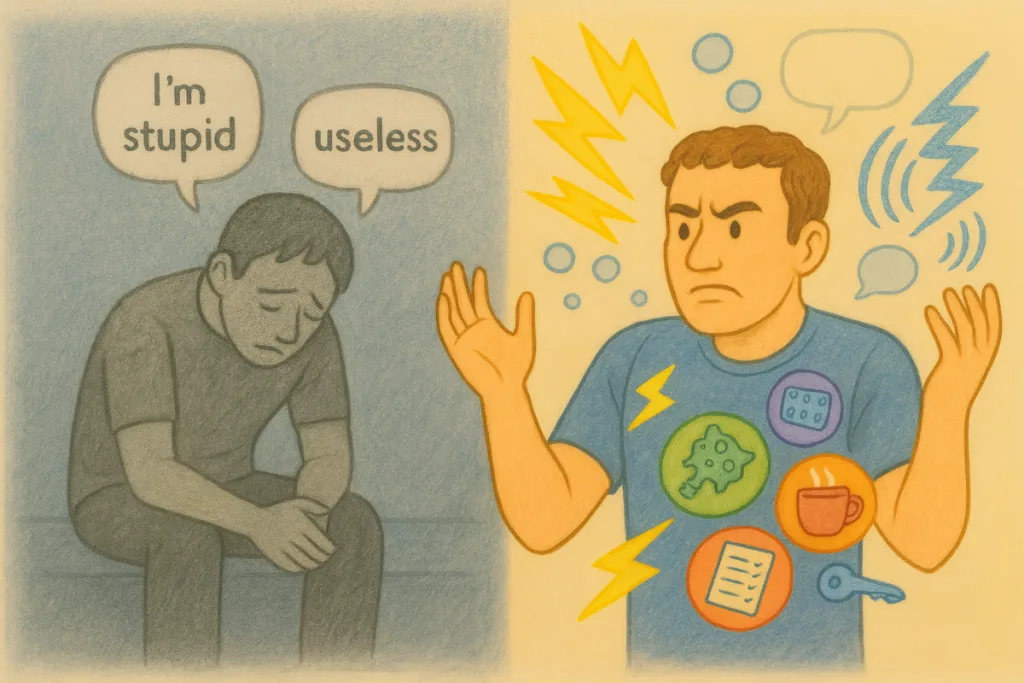 Sad man on the left with self-devaluation (depression) vs man overwhelmed by sensory overload but with preserved interests (autistic burnout)