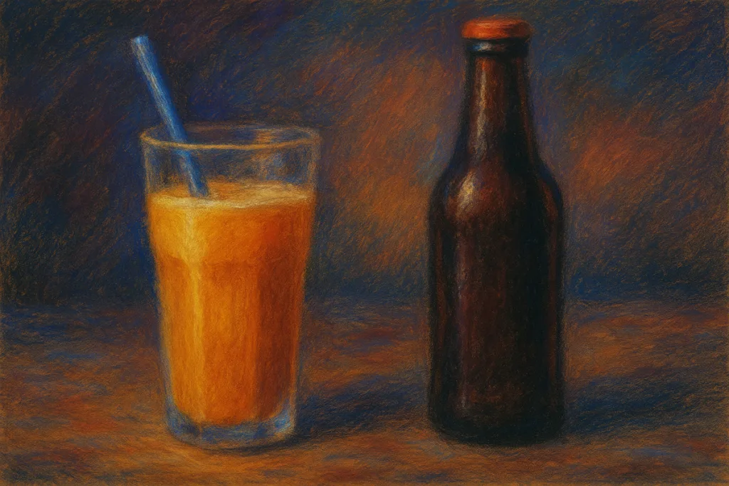 Illustration of a cocktail next to a beer, night-time atmosphere