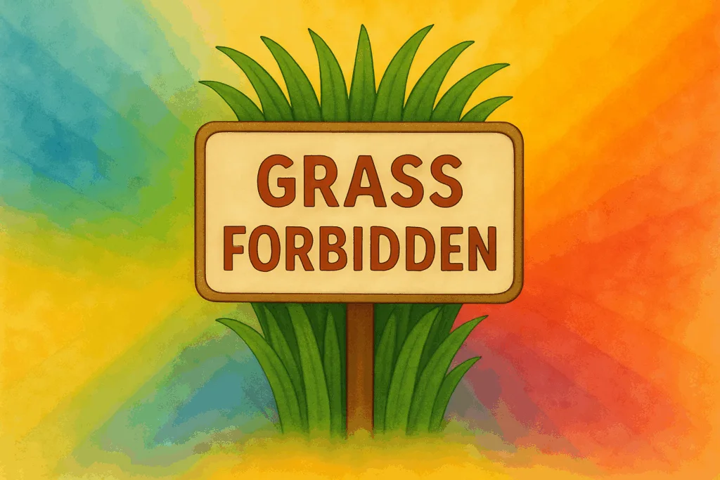 Sign reading “Keep off the grass,” with the grass hiding behind it