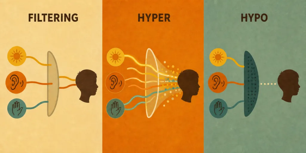 Diagram comparing typical sensory filtering, hypersensitivity, and hyposensitivity