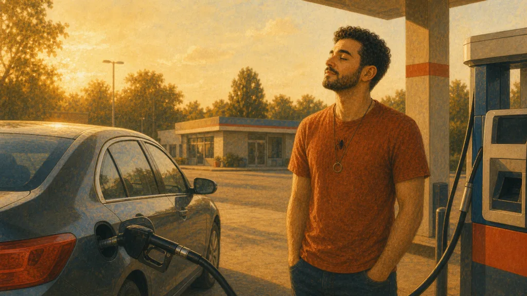 Man enjoying the smell of gasoline at a gas station