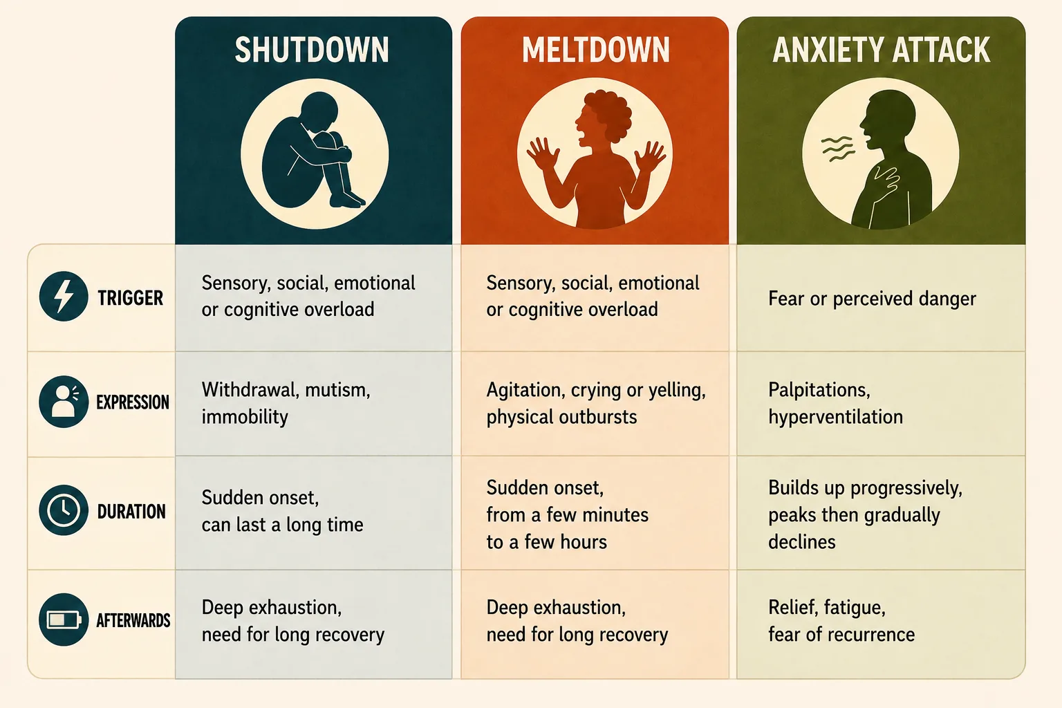 Comparative table of panic attack, shutdown, and meltdown