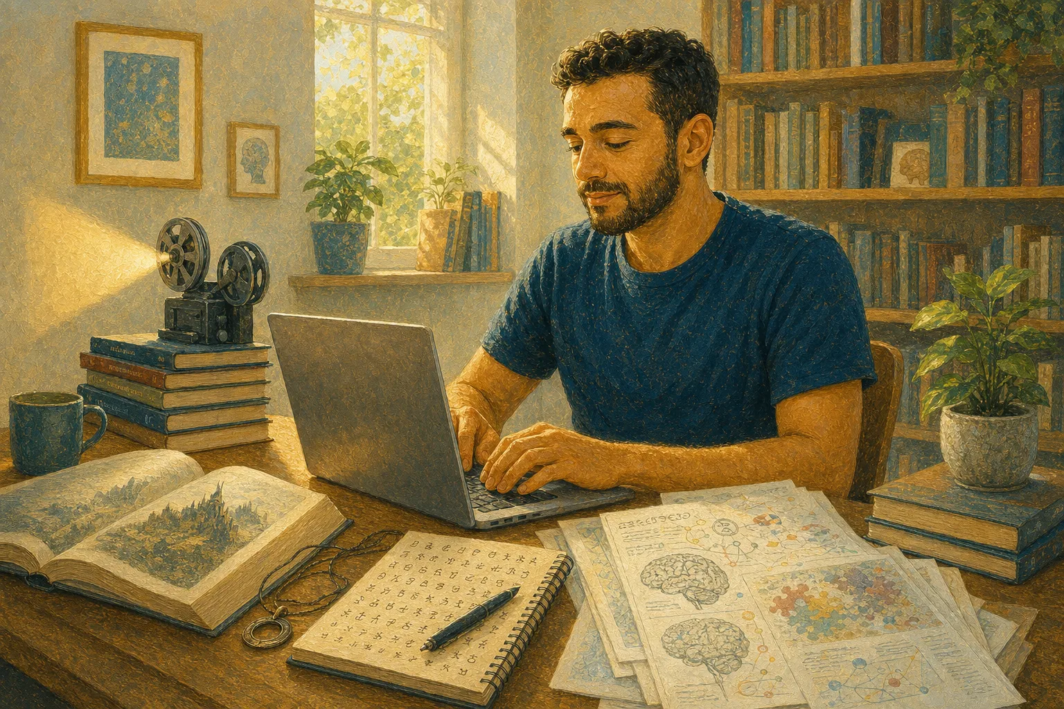 Man focused on his laptop, surrounded by books, notes, and objects related to his special interests
