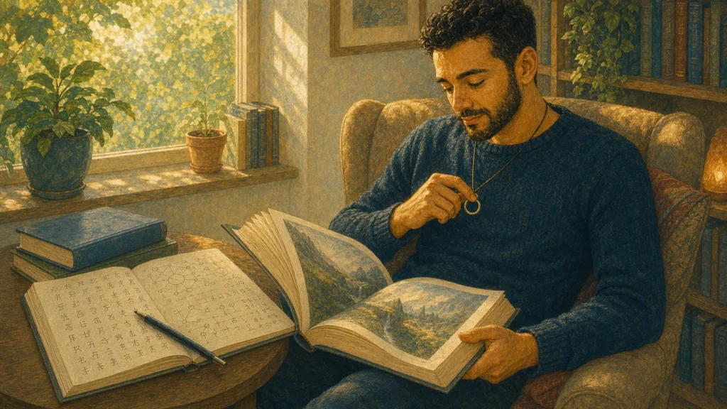 Man playing with his One Ring pendant while reading a fantasy novel, with a language book beside him