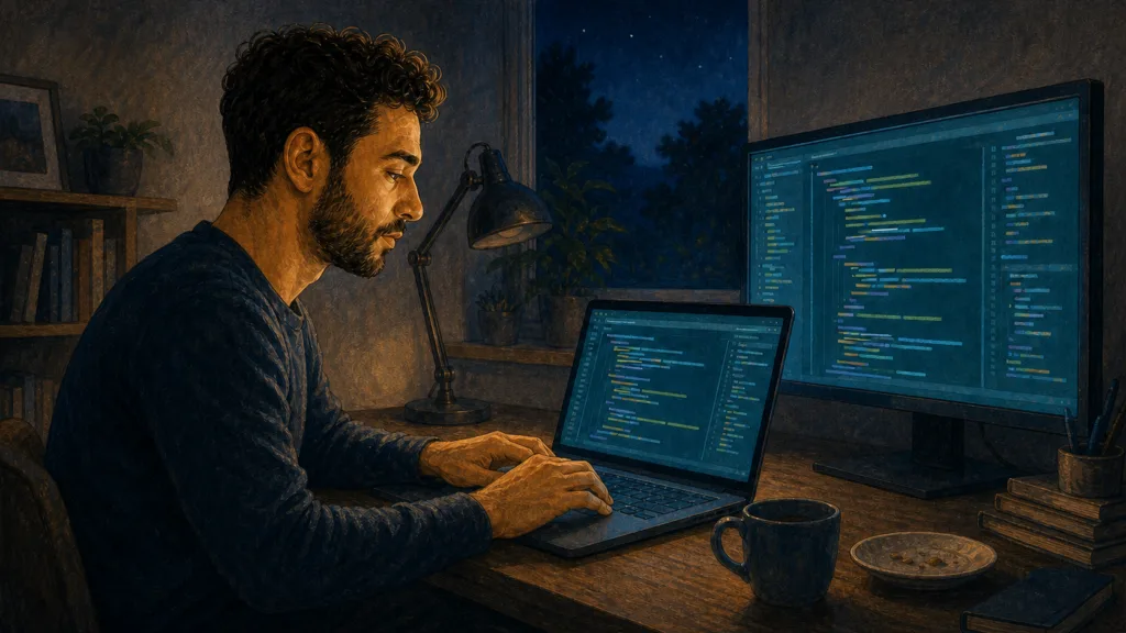 Man programming at night