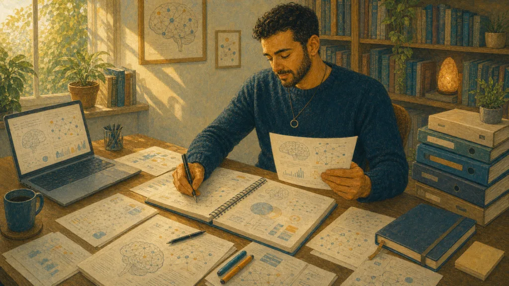 Man surrounded by psychiatry books