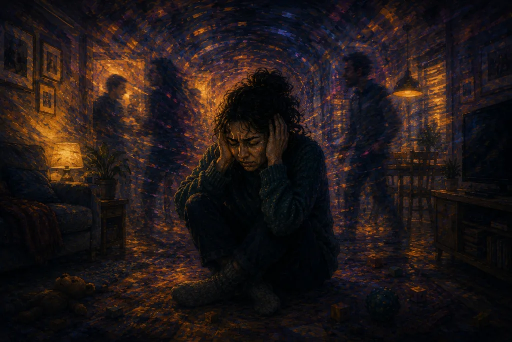 Illustration d'une femme en détresse, chaos intérieur du meltdown représenté avec une spirale autour d'elle