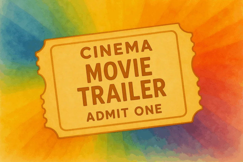 Cinema ticket with “Trailer” written in large letters instead of the movie title, on a colourful background
