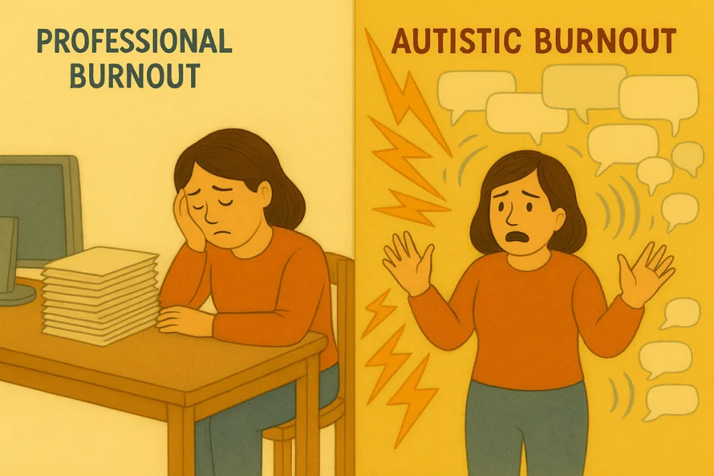 Woman overwhelmed by workload (classic burnout) vs woman overwhelmed socially and sensorily (autistic burnout)