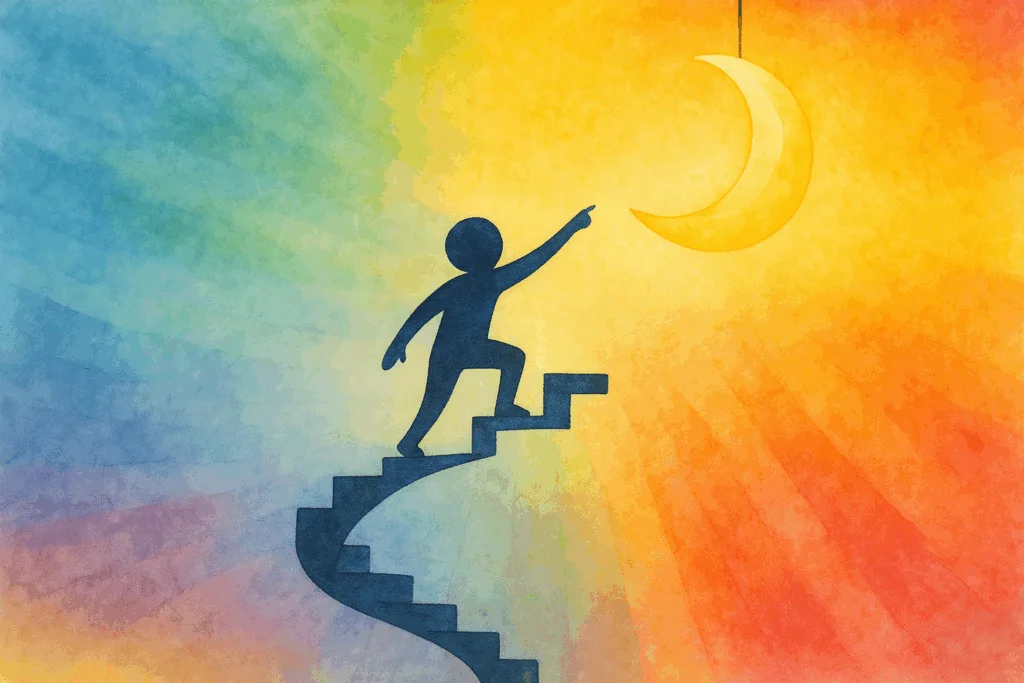 A character climbing up stairs to reach for the moon