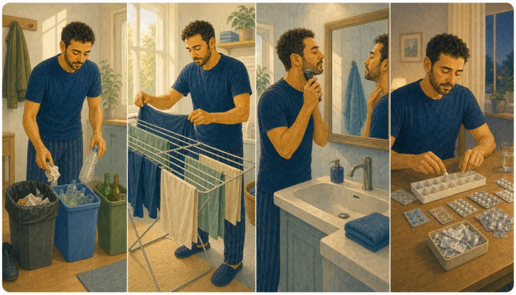 Panels depicting my Sunday routine