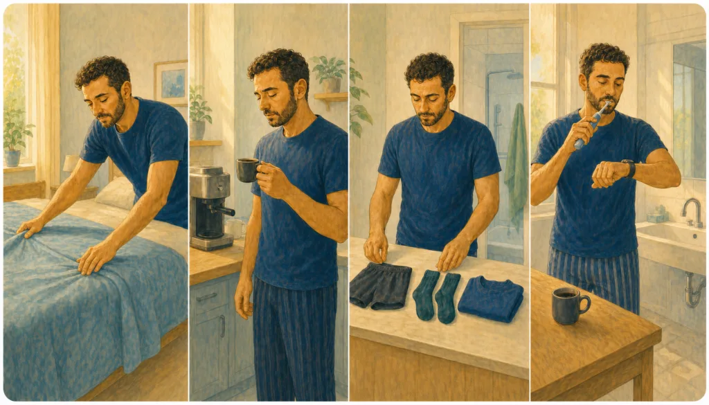 Panels illustrating the morning routine