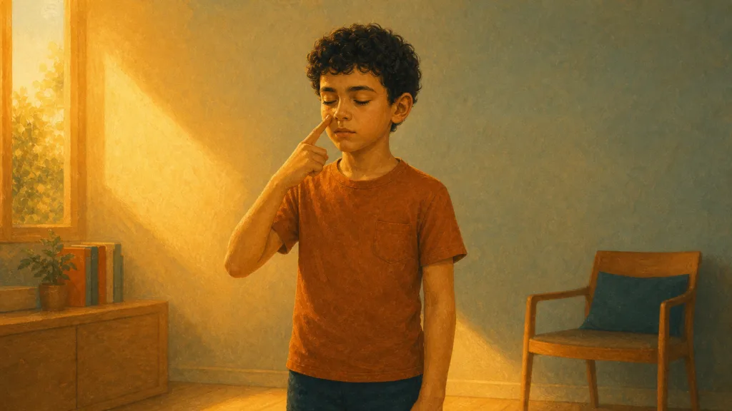 Child with eyes closed touching their cheek while trying to aim for their nose