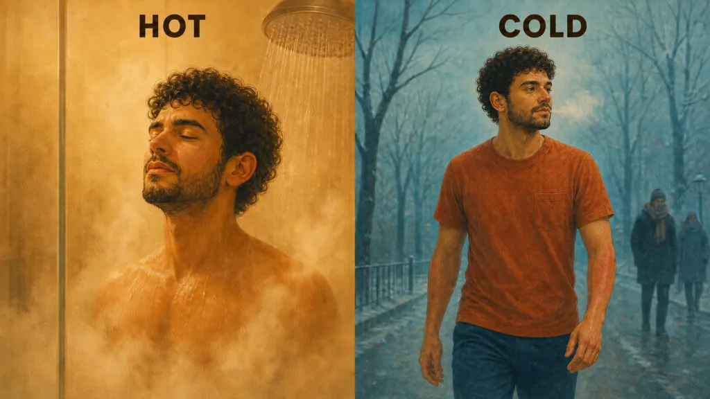 Comparison between a sought-after, very hot shower and the outdoor cold, which is barely felt