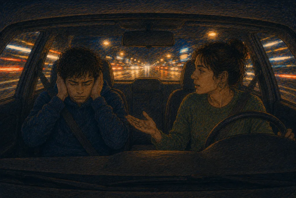 Un homme et une femme dans une voiture. La femme parle tandis que l'homme se bouche les oreilles avec les yeux fermés
