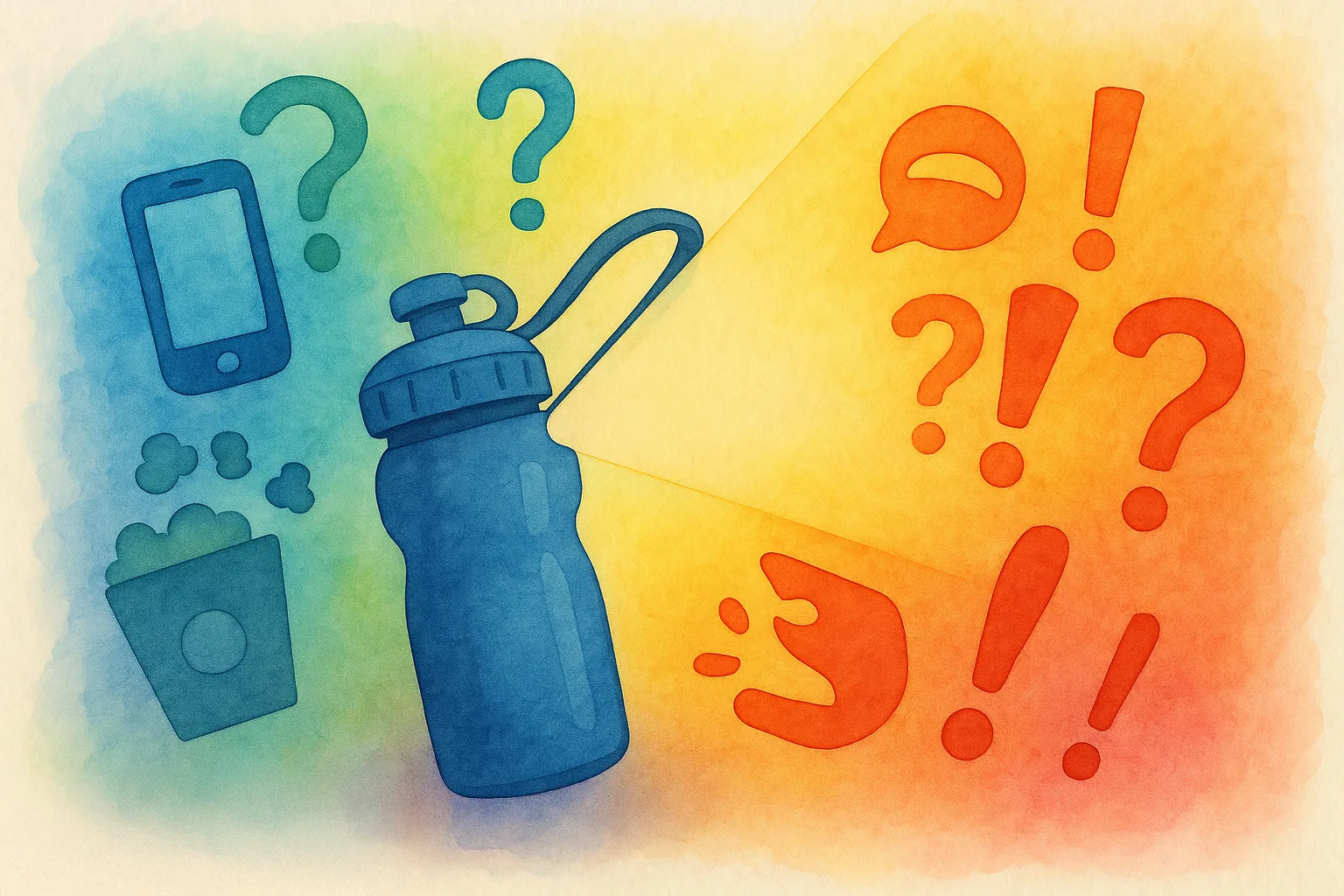 Illustration of a water bottle projecting a film, surrounded by symbols representing sensory chaos in a movie theater, on a multicolored background