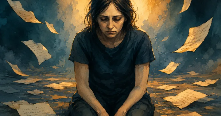 Illustration d'une femme dépressive, assise, mains entre les jambes sur fond terne