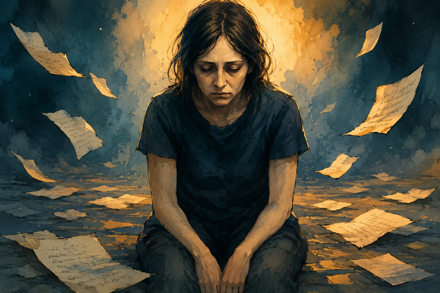 Illustration of a depressed woman, seated, hands between her legs against a dull background