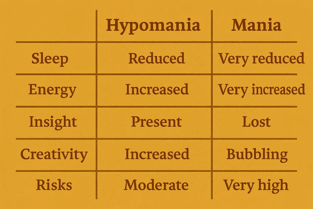 Comparative table of hypomania and mania