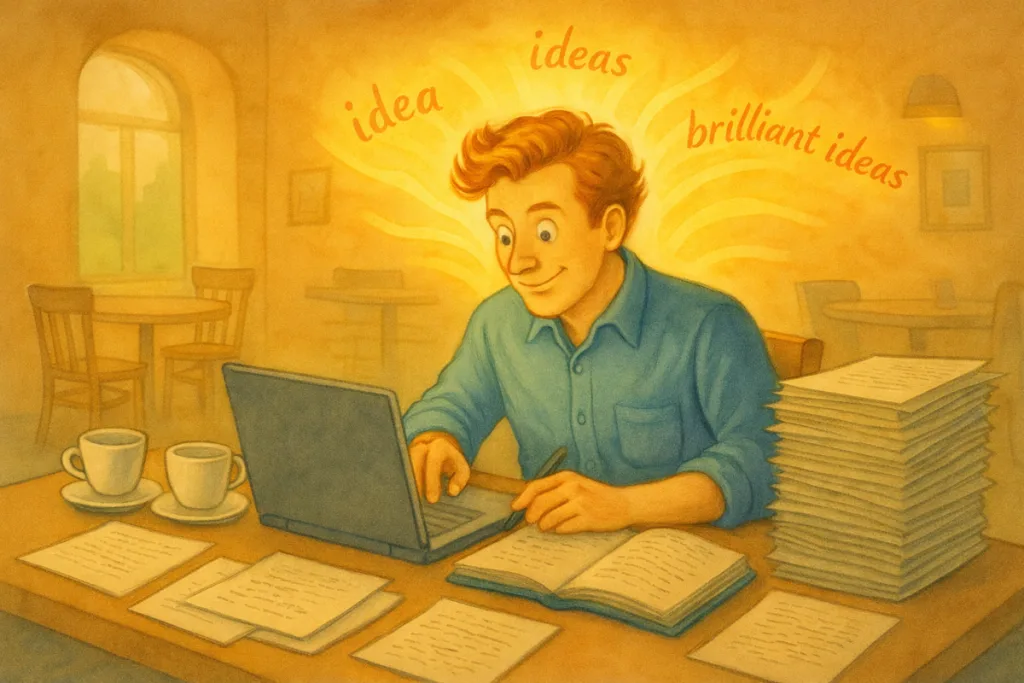 Illustration in bright yellow tones of a man overflowing with brilliant ideas