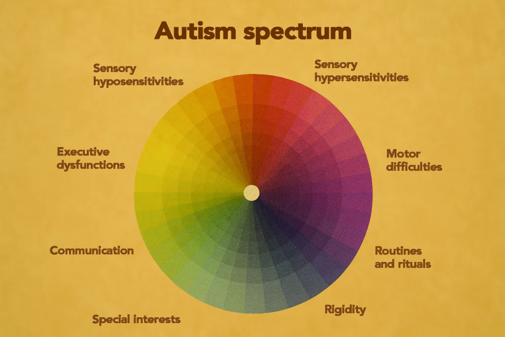 Illustration of a colored circle representing the autism spectrum with various symptoms surrounding it