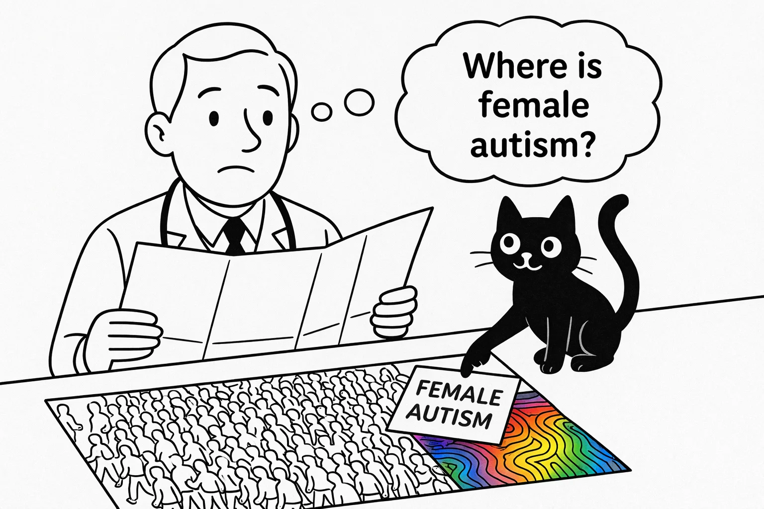 Doctor with a map, confused and searching for female autism. A small cat points him to the right map.