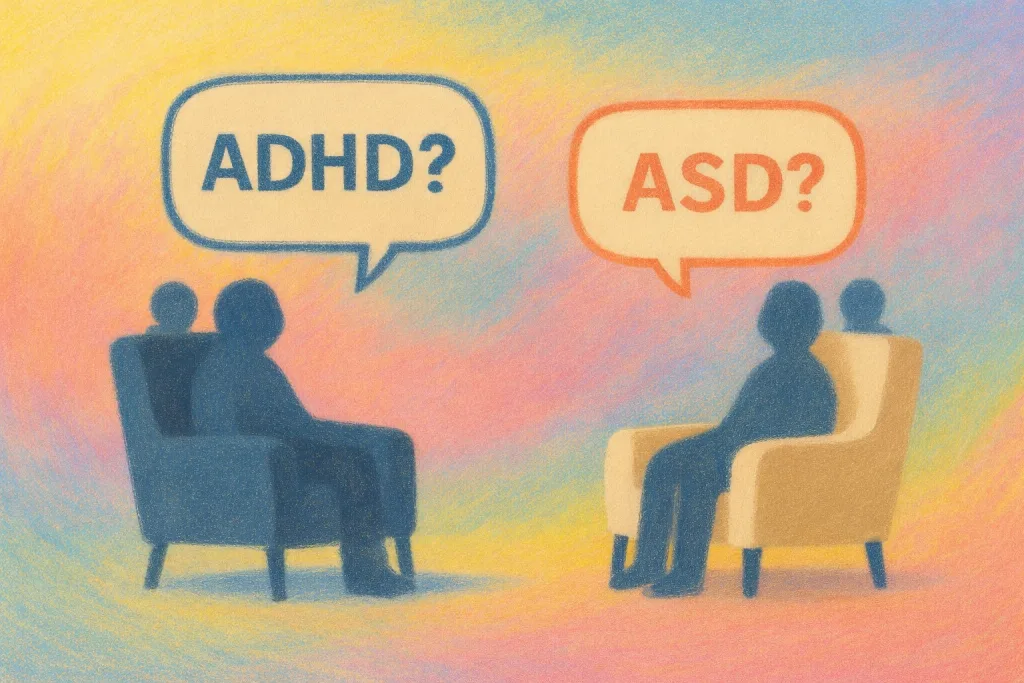 Two armchairs facing each other, each with a speech bubble reading “ADHD?” and “ASD?”
