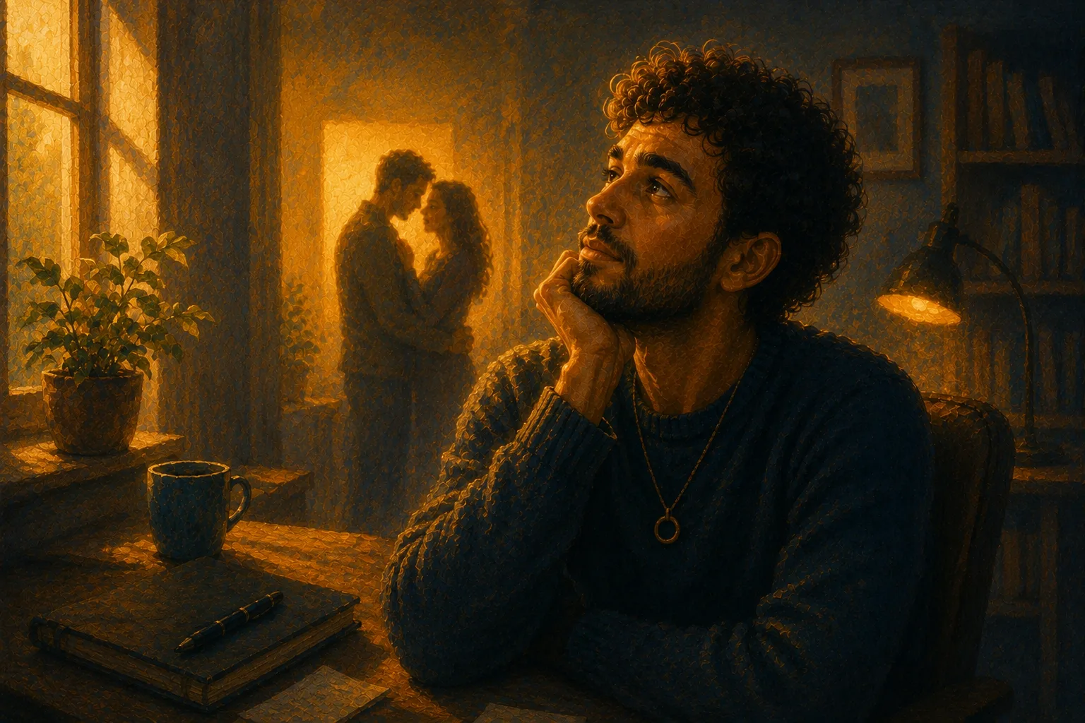 A dreamy man, with a couple in the background