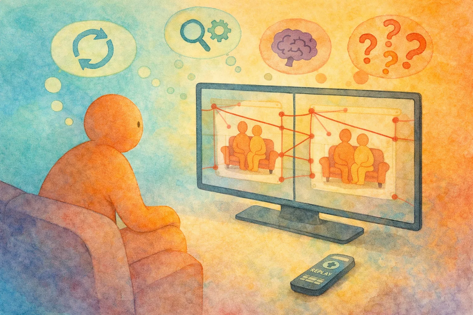 Character sitting in front of a TV with a split screen showing identical images