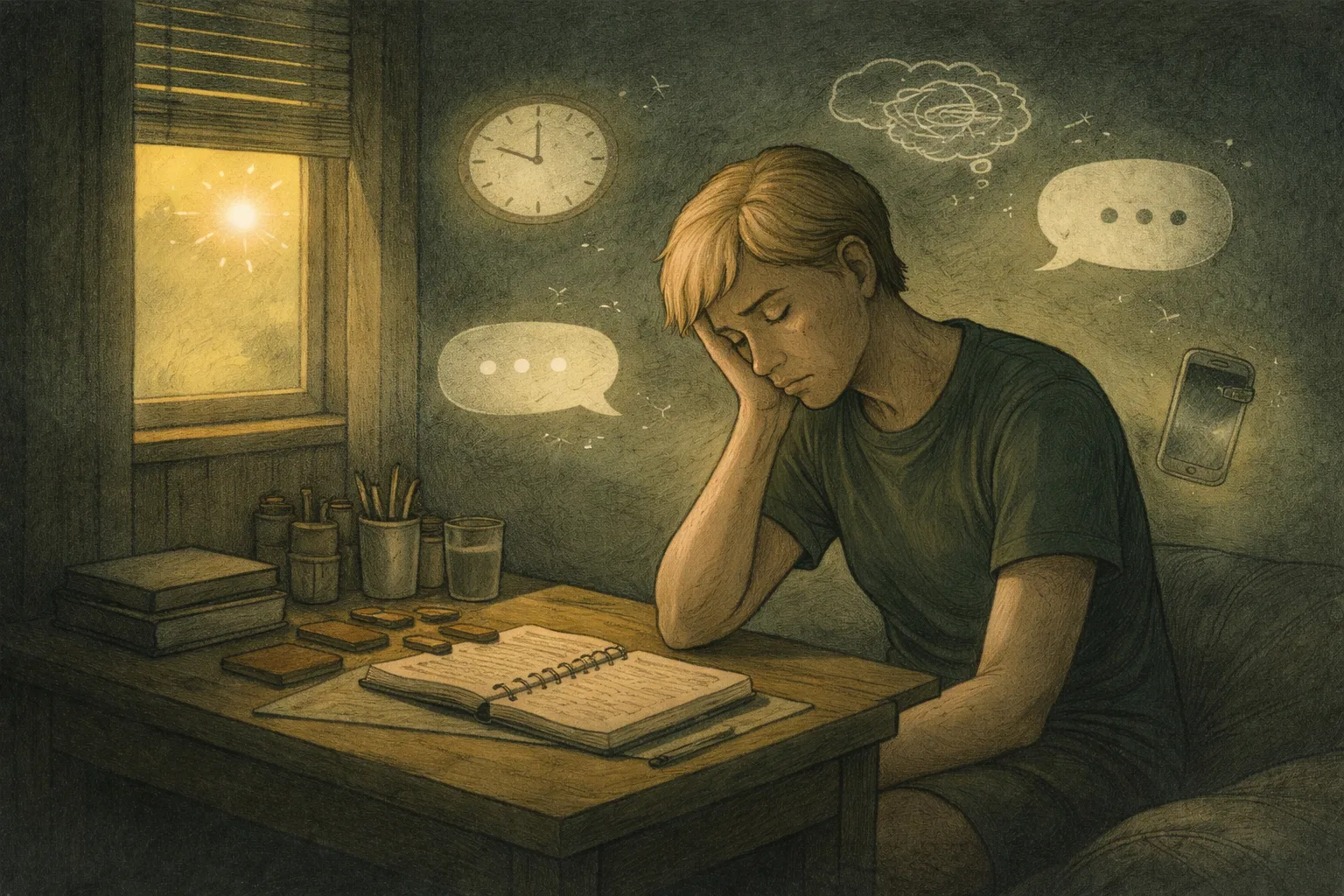 A woman sitting in the dark with a faint light coming from outside, with thought bubbles around her, tidy desk