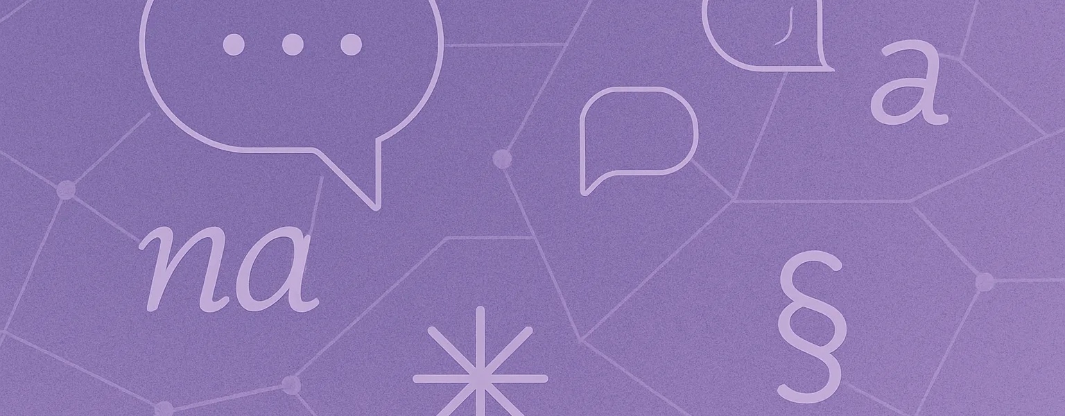 Stylized speech bubbles, abstract letters, and simple typographic symbols on a light purple background