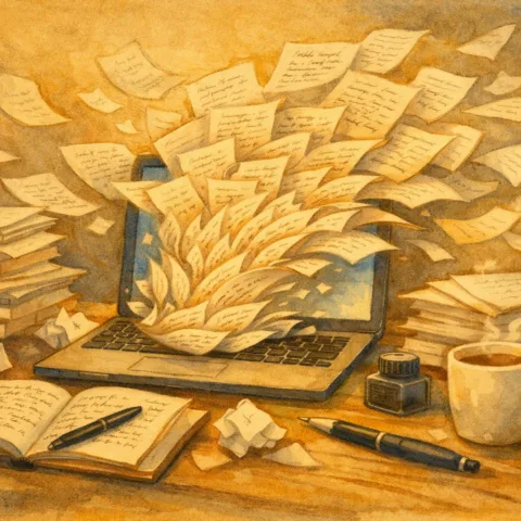 Illustration de la graphorrhée avec des dizaines de pages écrites qui sorte d'un ordinateur