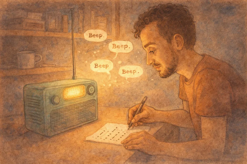 Man listening to the radio ringing while he writes