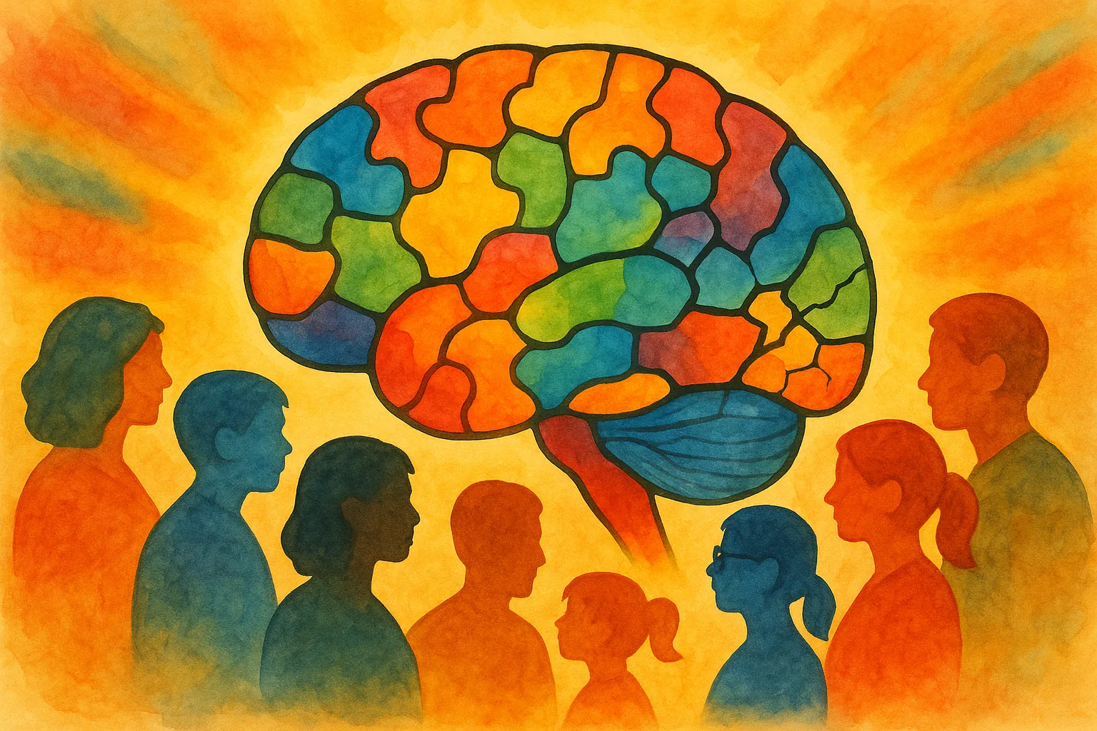 Multicolored brain above people of various sizes and colors, symbol of neurodiversity