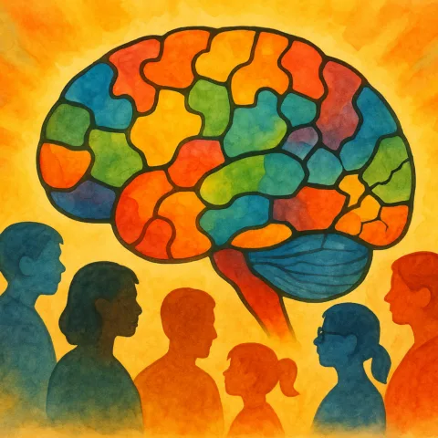 Cerveau multicolore au-dessus de personnes de diverses tailles et couleurs, symbole de la neurodiversité