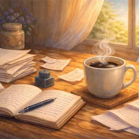 Illustration d'une tasse de café avec une pile de pages remplies et un carnet avec des écritures (symbolise le travail de sensibilisation quotidien)