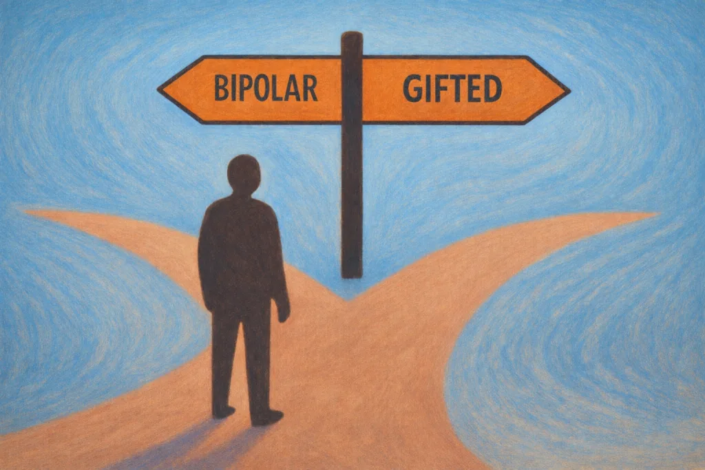 Man standing at a Bipolar/HPI crossroads