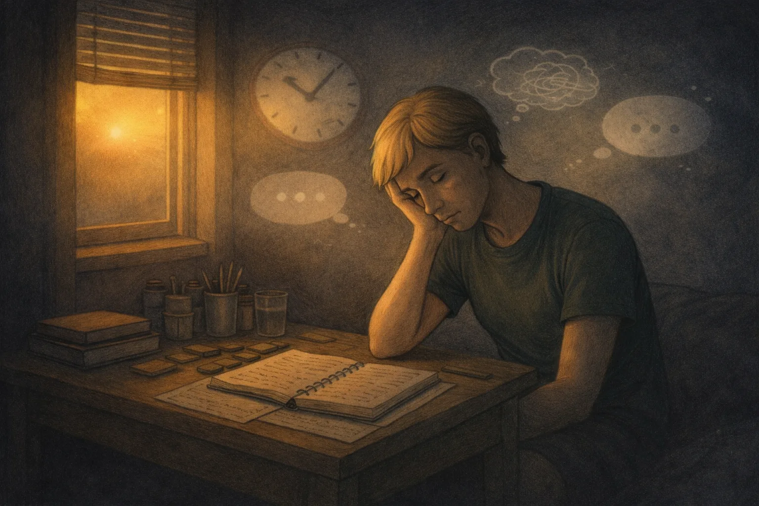 Femme à son bureau, la nuit se lève, elle est entourée de bulles et horloges et son bureau est ordonné