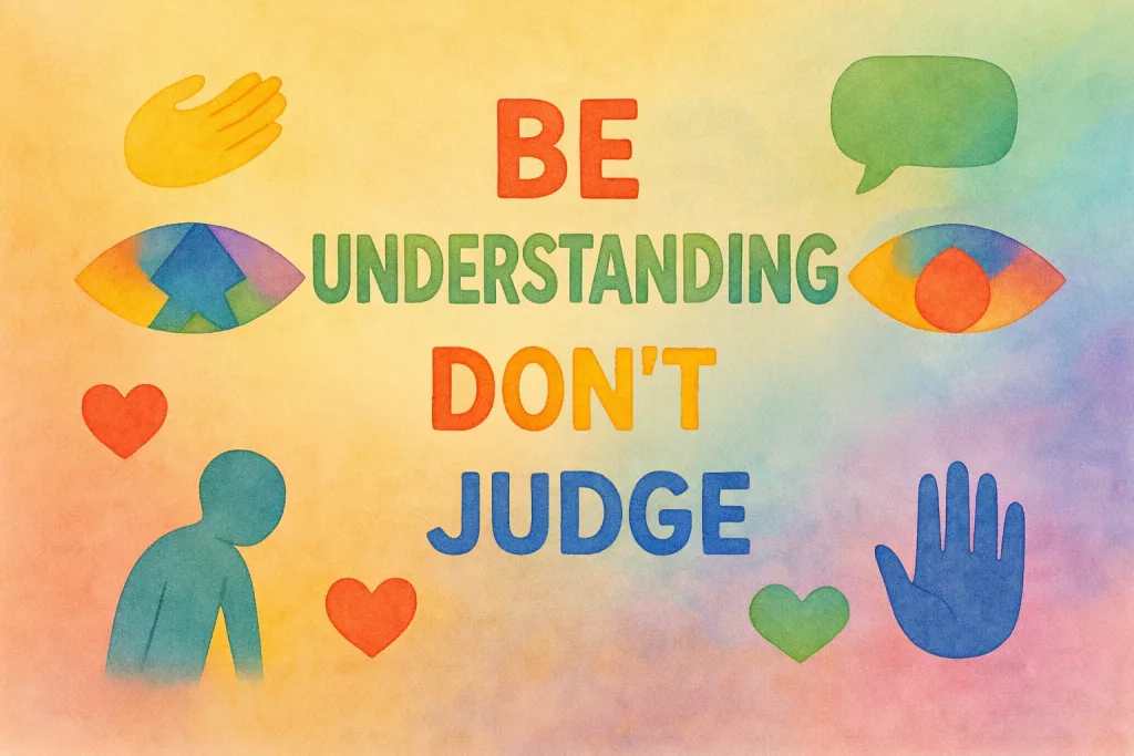 Activist illustration: “Show understanding, don’t judge” in multicolor with various symbols