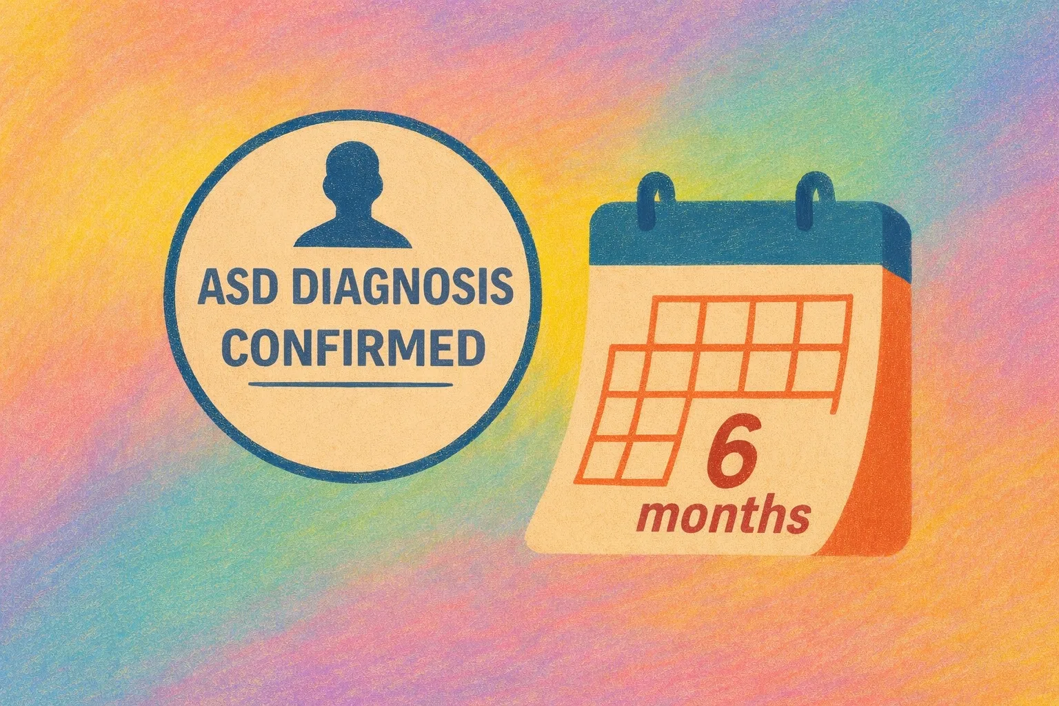 Stamp reading “ASD Diagnosis Confirmed” with a calendar showing a 6-month delay